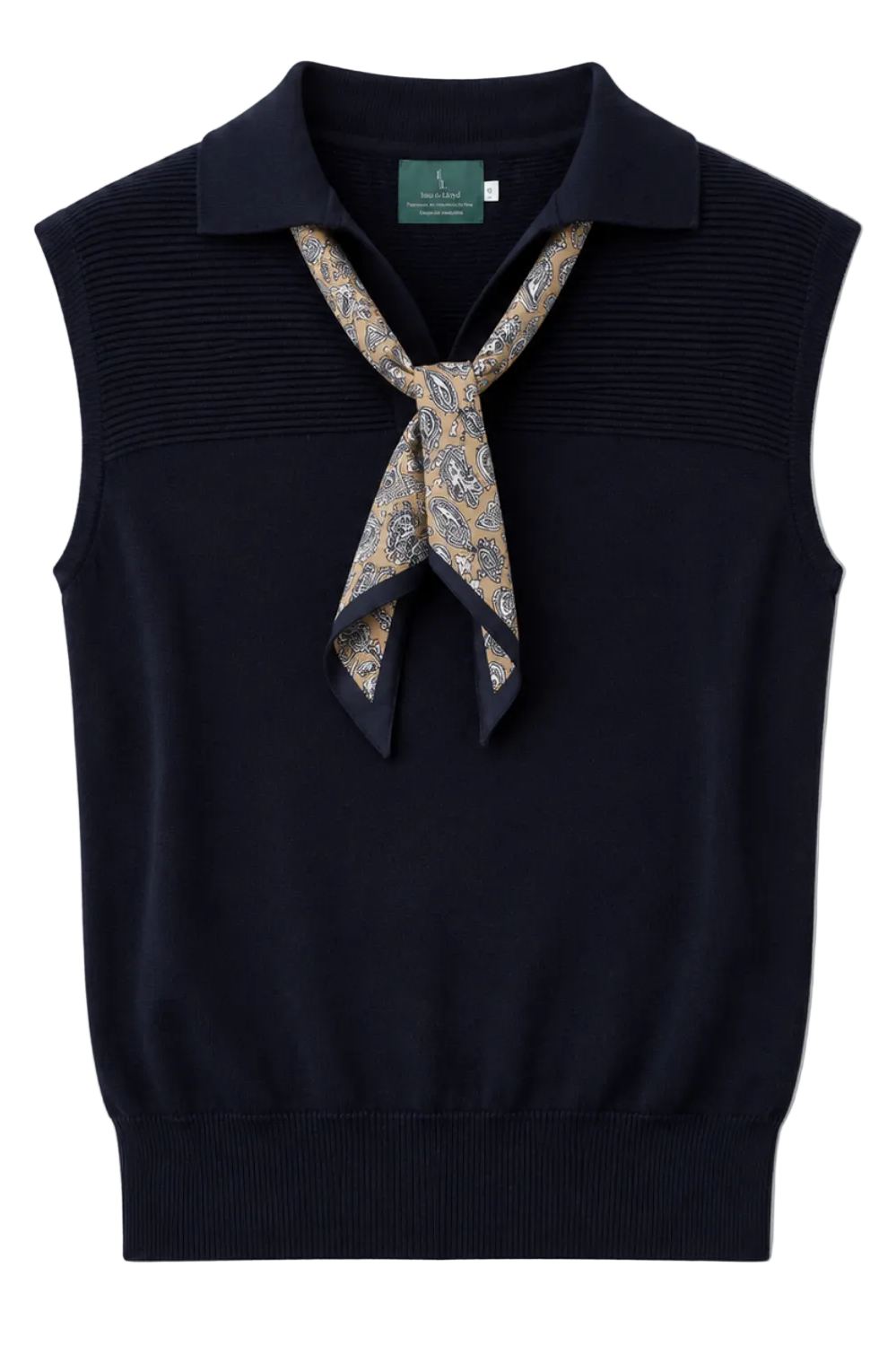 Anastasia mouwloze gebreide polo met paisley halsdoek voor dames in marineblauw – Issu & Lloyd