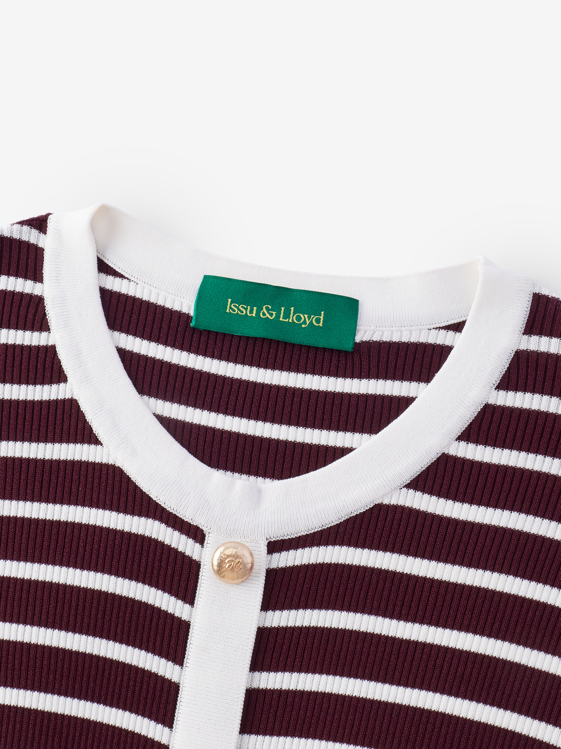 Fiori fijngebreid T-shirt met tweed-look en knopen voor dames in bordeaux gestreept – Issu & Lloyd