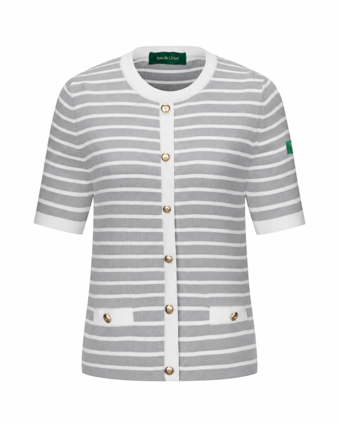 Fiori fijngebreid T-shirt met tweed-look en knopen voor dames in lichtgrijs gestreept – Issu & Lloyd