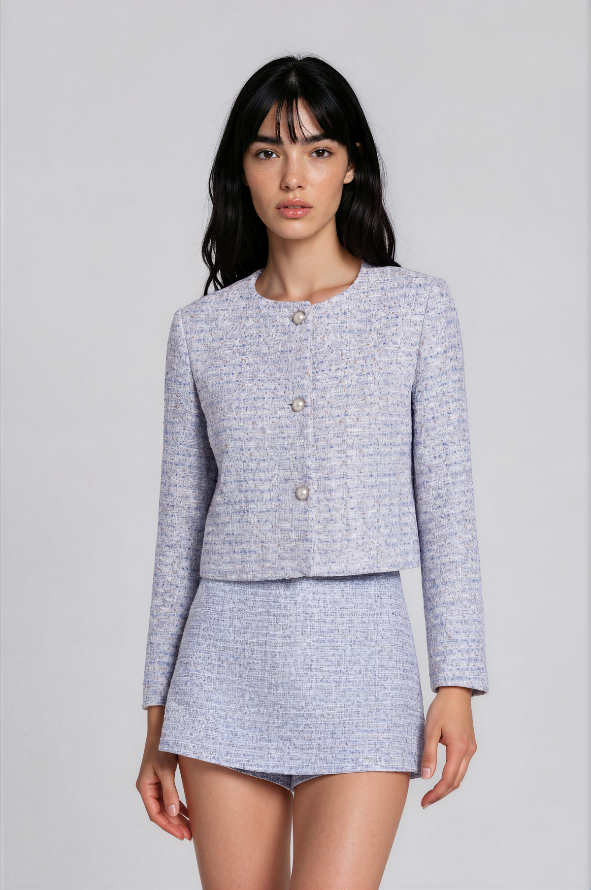 Lavinia cropped tweed jasje voor dames in gletsjerblauw – Issu & Lloyd
