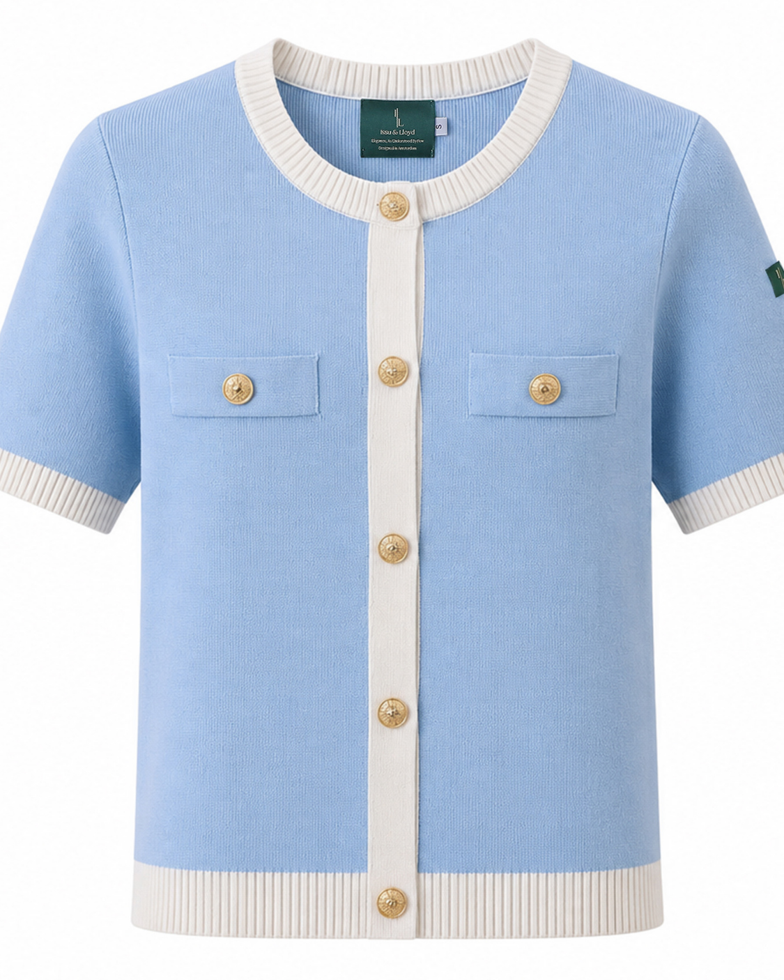 Lenora fijngebreid tweekleurig T-shirt met tweed-look voor dames in lichtblauw – Issu & Lloyd
