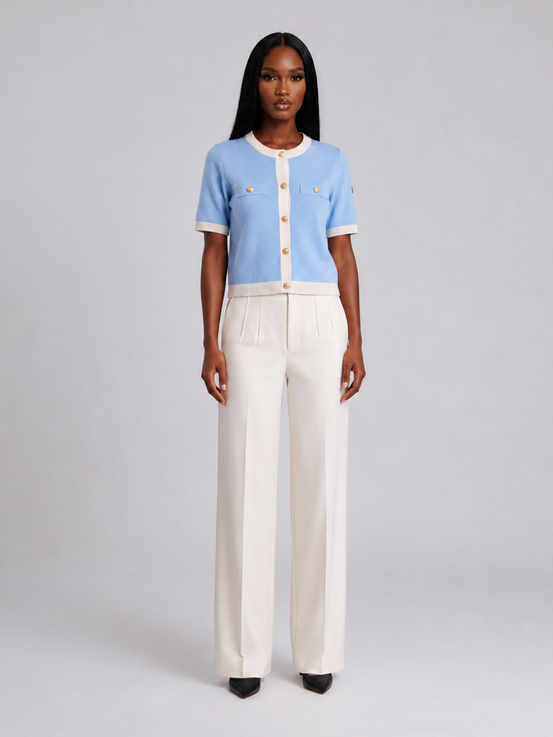 Lenora fijngebreid tweekleurig T-shirt met tweed-look voor dames in lichtblauw – Issu & Lloyd