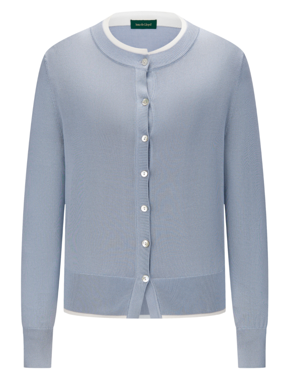 Veronique fijngebreid lyocell vest in lichtblauw met witte accenten voor dames – Issu & Lloyd