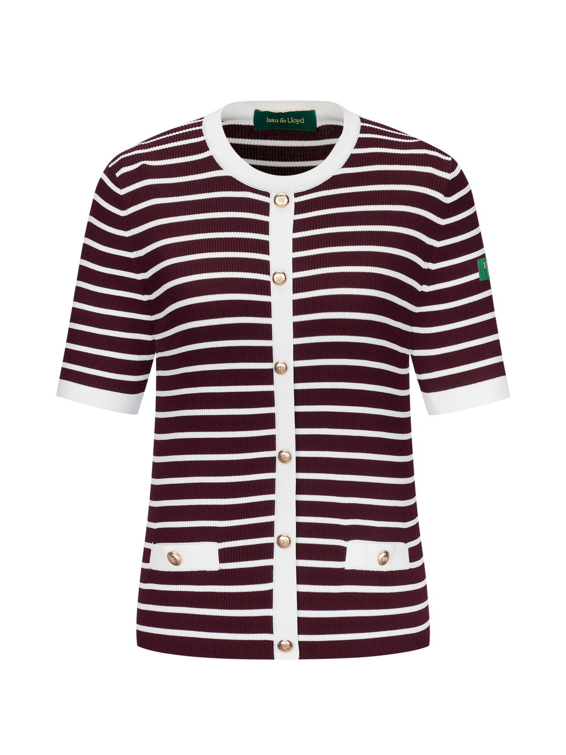 Fiori fijngebreid T-shirt met tweed-look en knopen voor dames in bordeaux gestreept – Issu & Lloyd