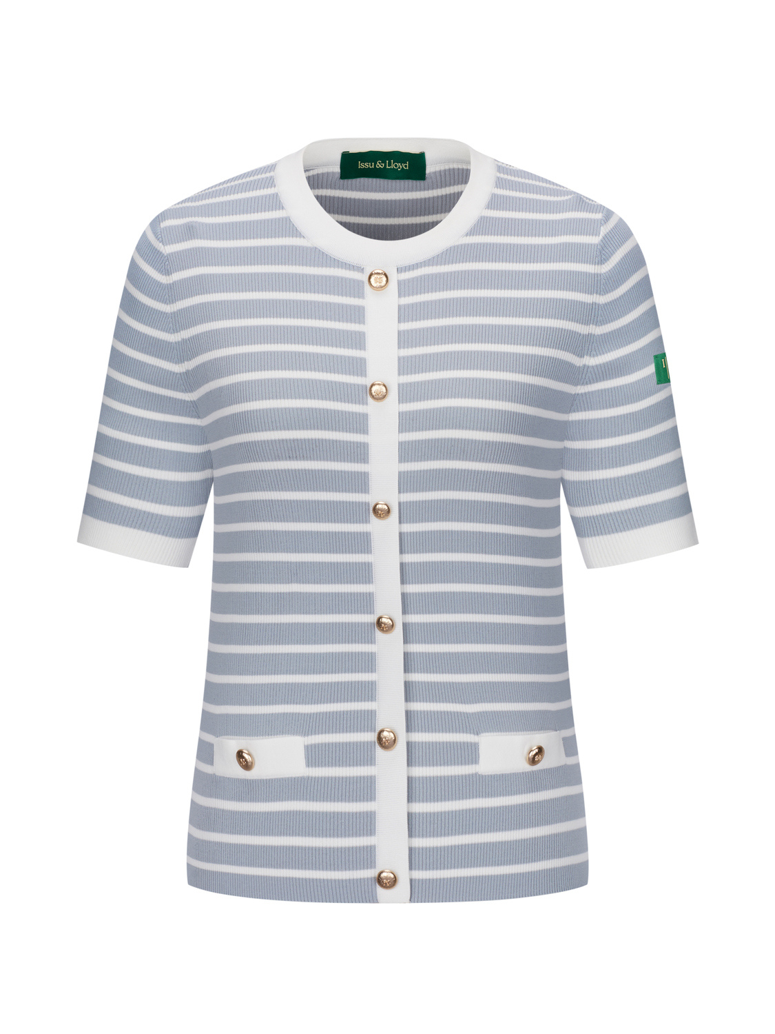 Fiori fijngebreid T-shirt met tweed-look en knopen voor dames in lichtblauw gestreept – Issu & Lloyd
