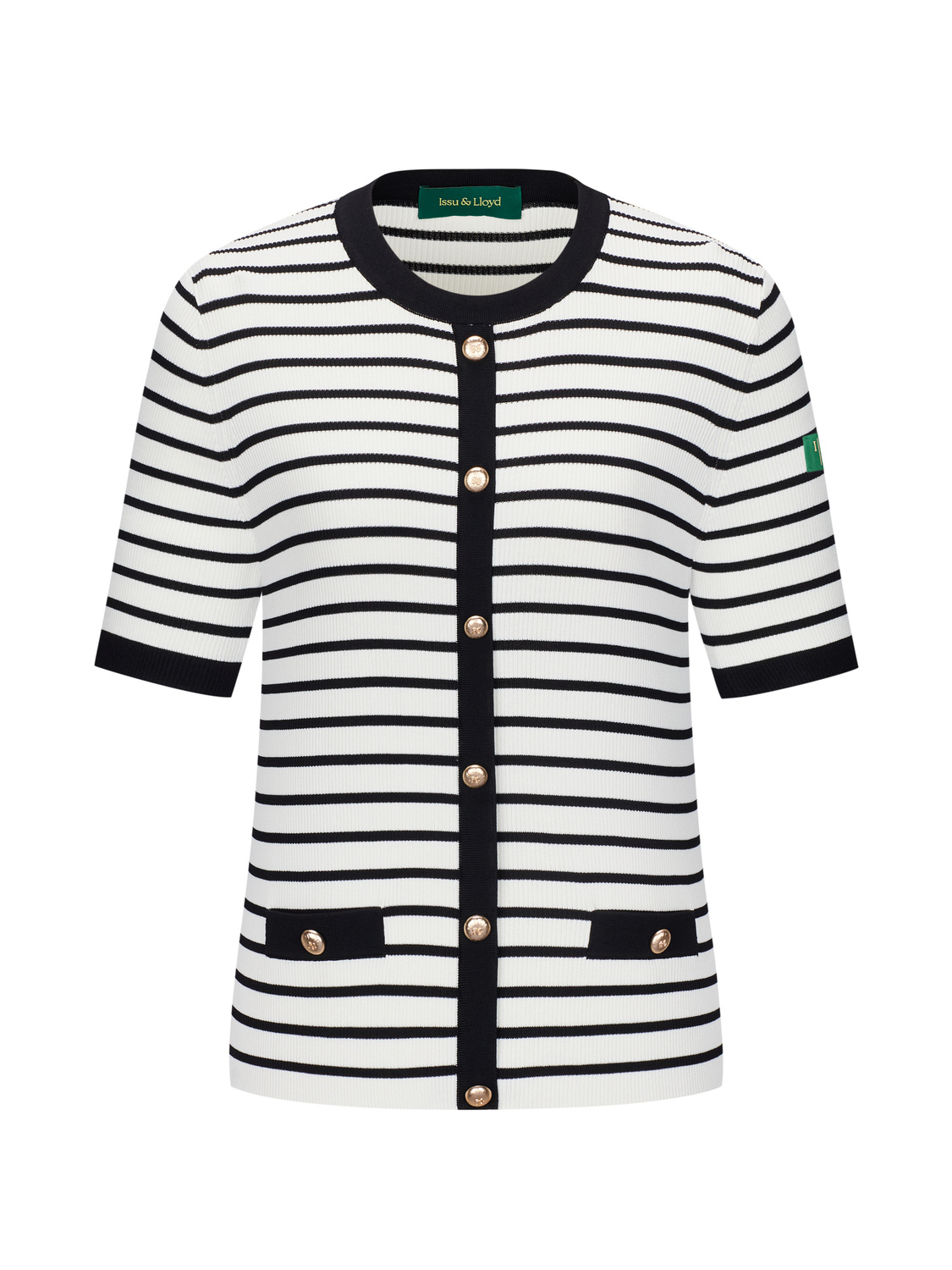 Fiori fijngebreid T-shirt met tweed-look en knopen voor dames in wit gestreept – Issu & Lloyd