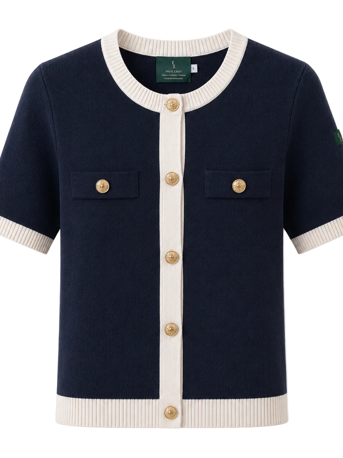 Lenora fijngebreid tweekleurig T-shirt met tweed-look voor dames in marineblauw – Issu & Lloyd