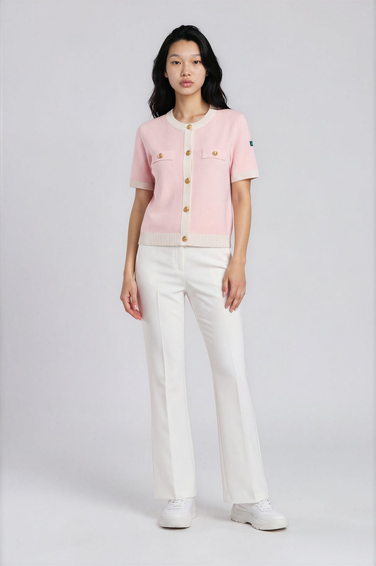 Lenora fijngebreid tweekleurig T-shirt met tweed-look voor dames in roze – Issu & Lloyd
