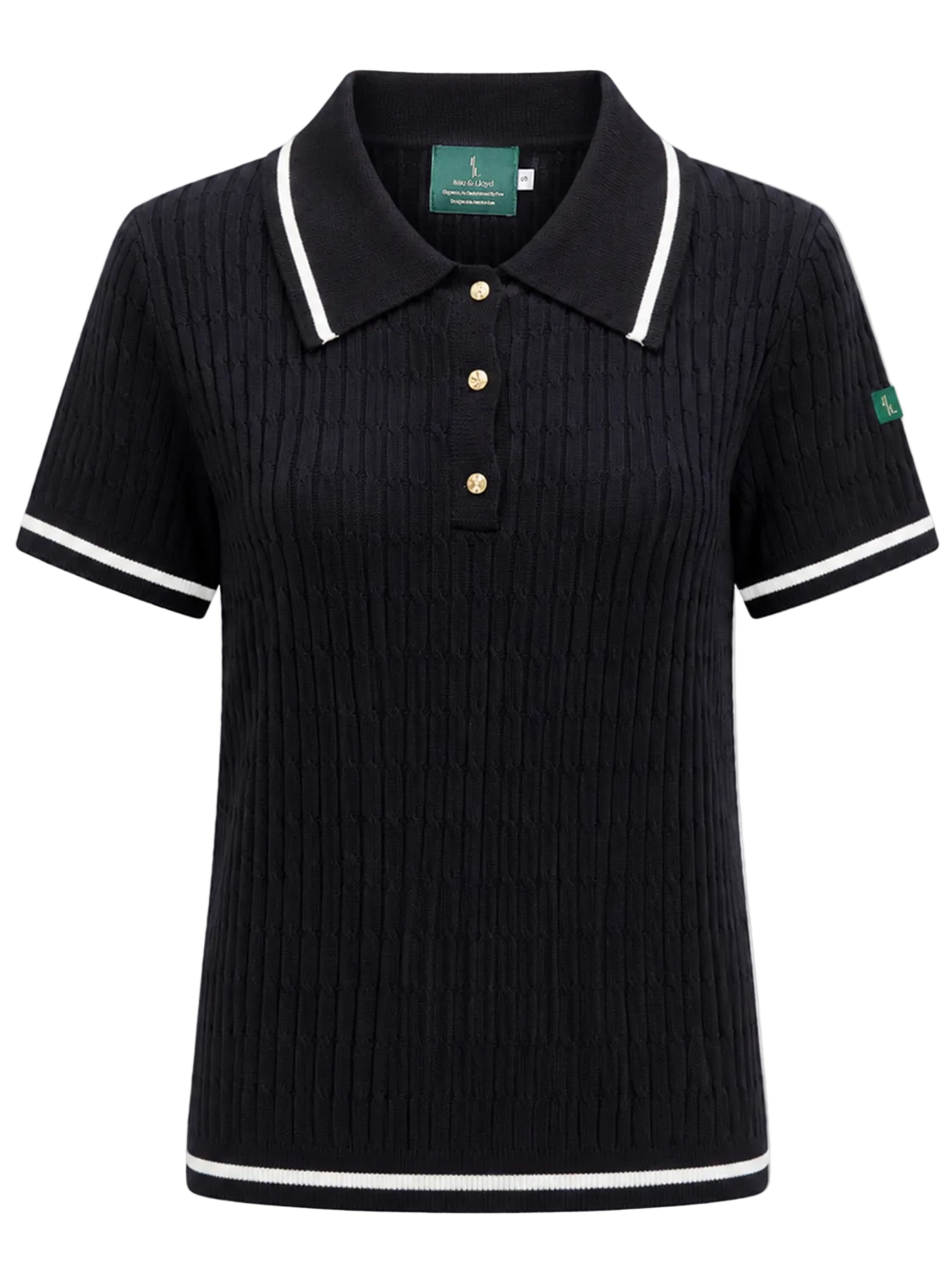 Liorah kabelgebreide polo met goudkleurige knopen voor dames in marineblauw – Issu & Lloyd